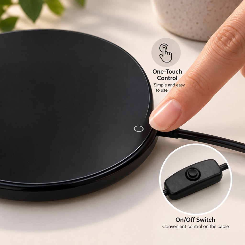 One-touch control and cable on/off switch on the USB mug warmer