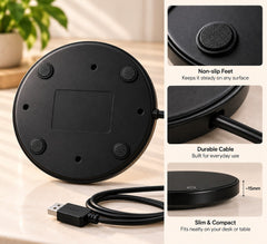 Underside of the USB mug warmer with non-slip feet and slim profile