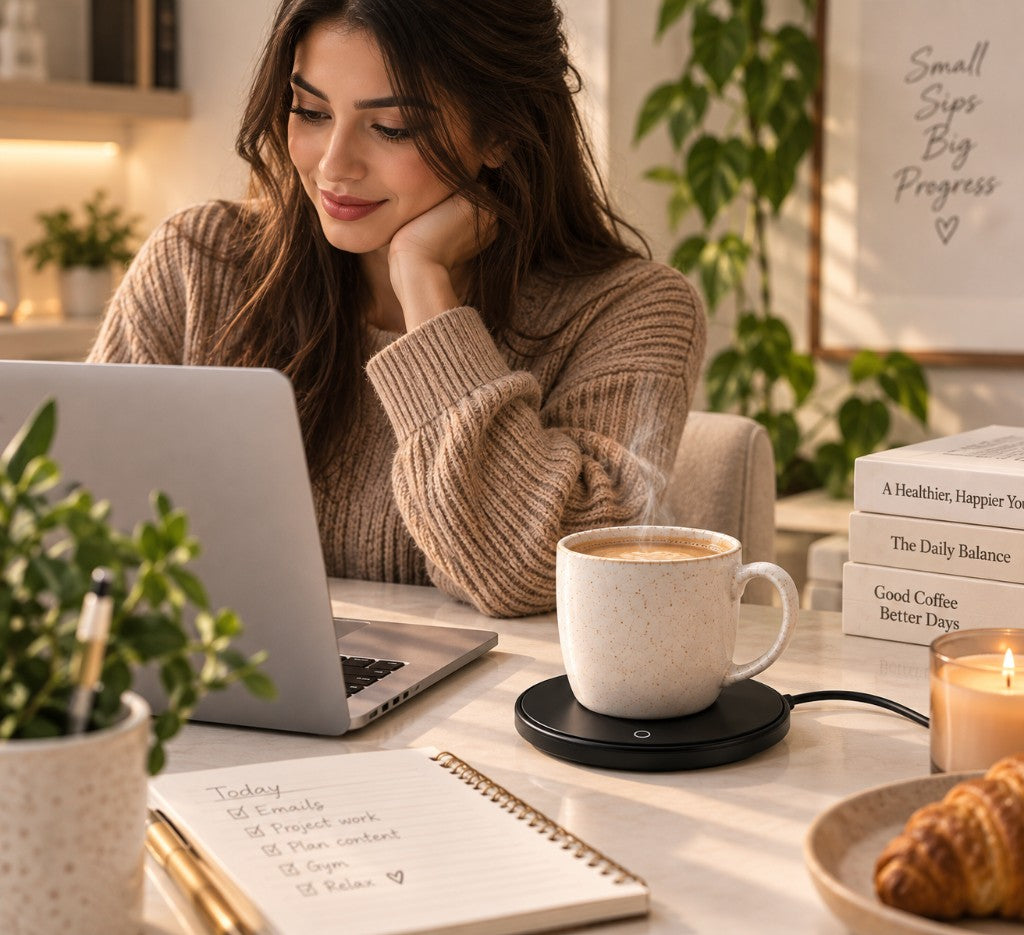 Person working at a desk with coffee staying warm on the USB mug warmer
