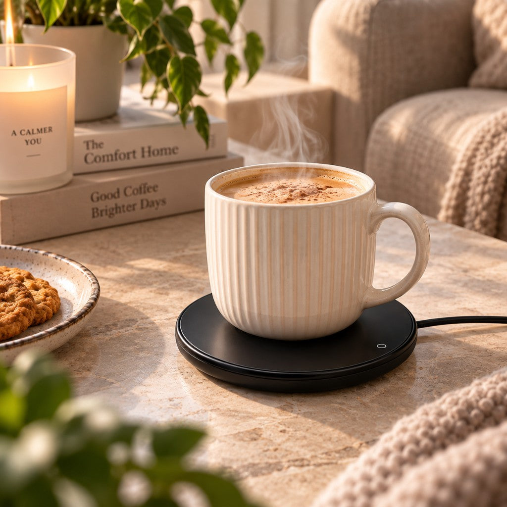 Steaming mug on the USB mug warmer in a cozy home setting