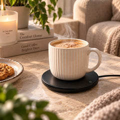 Steaming mug on the USB mug warmer in a cozy home setting