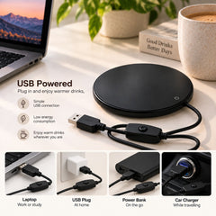 USB mug warmer powered by laptop, wall adapter, power bank or car charger