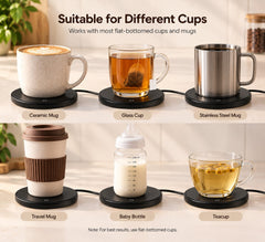 USB mug warmer with different flat-bottomed cups and mugs