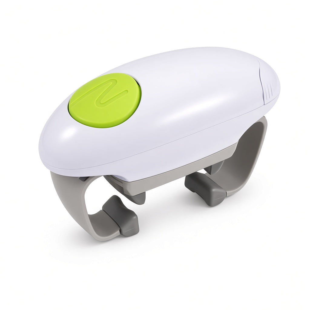 Handheld electric jar opener — white body with lime-green one-touch button