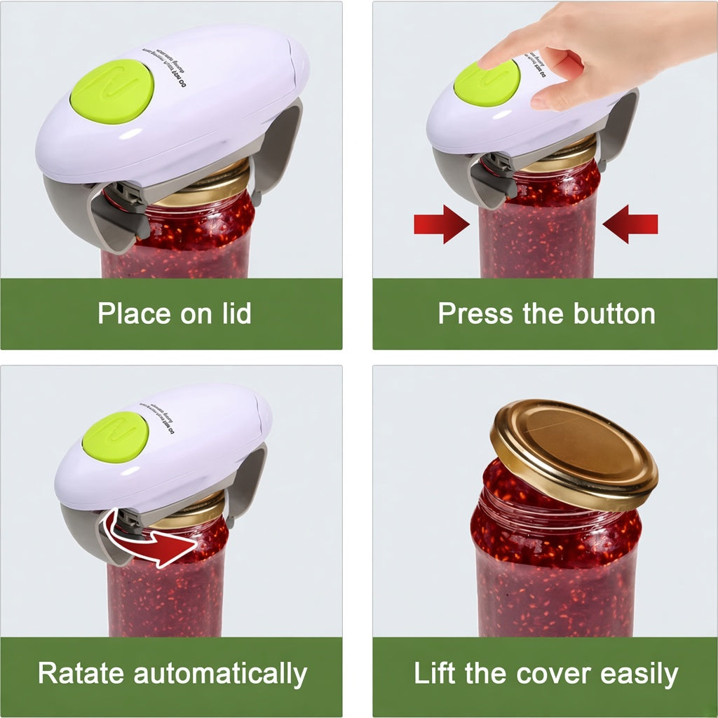 How to use: place on lid, press button, rotate, lift cover