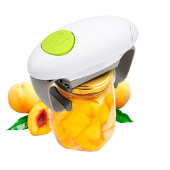 Electric jar opener opening a peach jar on a white background