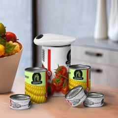 Mini can opener with tomato, corn and salmon cans on a counter