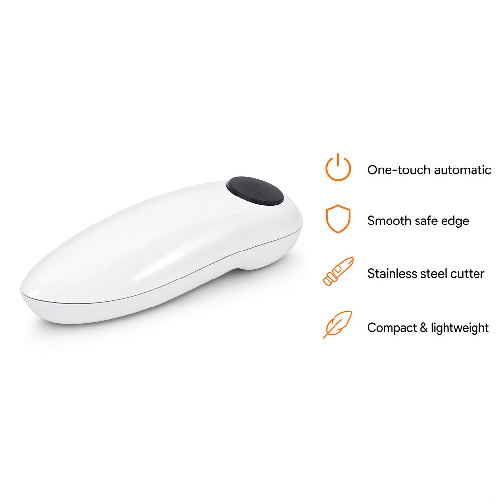 Feature graphic: one-touch, smooth edge, stainless cutter, compact