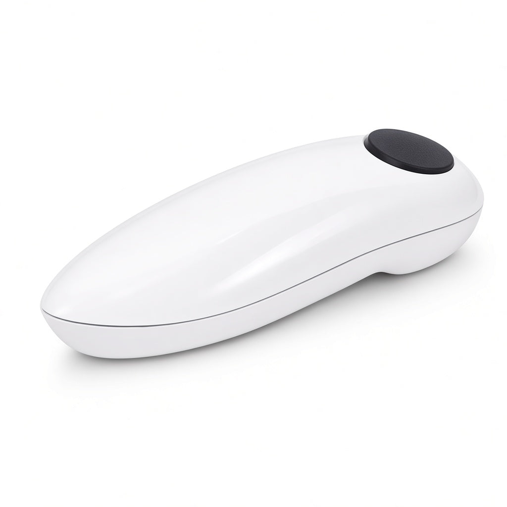 Mini one-touch electric can opener — glossy white with black button