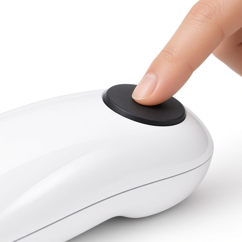 Close-up of the one-touch black power button