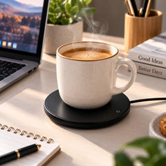 USB mug warmer keeping coffee warm at a desk beside a laptop
