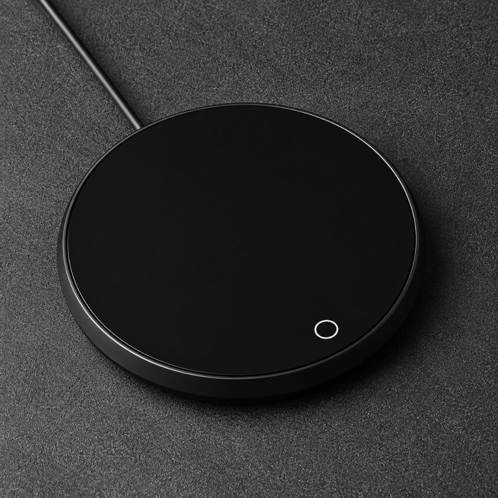 Black USB mug warmer coaster with a lit power ring